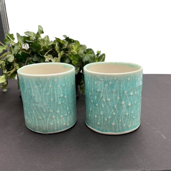 Set of 2 Japanese Sushi Tea Cup Mug 3.0”H Stoneware Pottery Green Crackle EUC - Picture 1 of 5